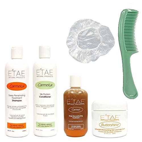 Etae Carmelux Shampoo, Conditioner, E’tae Carmel Treatment, Buttershine Natural Products Combo (4 items) w/ FREE Shower Cap and Comb