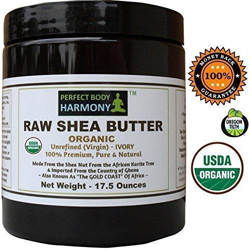 Certified ORGANIC RAW SHEA BUTTER, Huge 17.5 oz Tall Amber BPA Free Jar Unrefined, Virgin, Ivory White (Tan) Premium Quality Made in Africa From The Shea Nut; Best Non-comedogenic Natural Moisturizer.