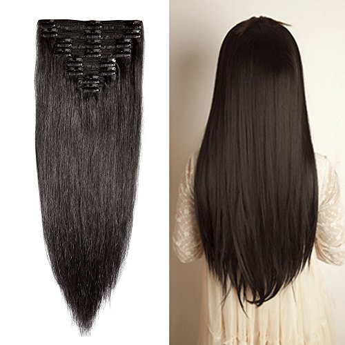 Double Weft 100% Remy Human Hair Clip in Extensions #1B Natural Black 10”-22” Grade 7A Quality Full Head Thick Thickened Long Short Straight 8pcs 18clips for Women Beauty 12″ / 12 inch 110g