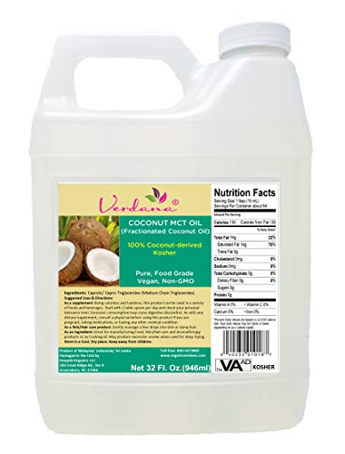 Verdana Coconut MCT Oil – Fractionated Coconut Oil – 32 Fl. Oz – Kosher Food Grade – Genuine 100% from Coconut – Only C8 & C10 – for Keto, Paleo, Sports Nutrition, Aromatherapy, Massage, Tinctures