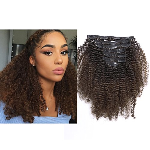 Lacerhair 4A 4B Big Afro Kinky Curly Ombre Hair Extensions Clip in Double Weft Remy Human Hair for Black Women Two Tone Clip in Hair Extensions, Natural Black Fading into Dark Brown1B/4, 12 Inch