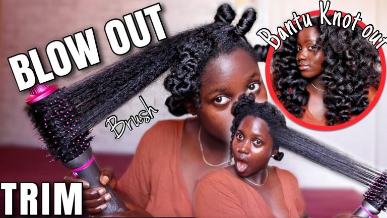 BLOWOUT ON NATURAL HAIR| Curly to Straight using a round brush| TRIM+ Unexpected BANTU KNOT OUT