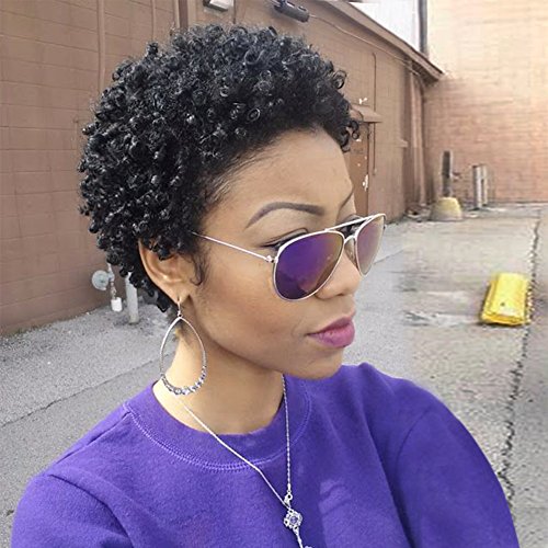 WIGNEE Remy Human Hair Afro Curly Short Style Wigs (Natural Black)