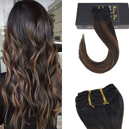 Sunny 22″ Balayage Color Remy Hair Extensions Natural Black to Chesnut Brown Highlight Black Clip in Human Hair Extensions 7pcs 120gram for Beautiful Hairstyle