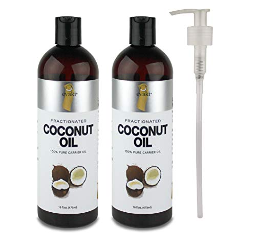 2-PACK Evaki 16oz Fractionated Coconut Oil + Hand Pump + Dispensing Cap— Bottled in the USA; A Must Have for Skin & Hair Care, Massage Therapy and Aromatherapy (32 Total Ounces!)