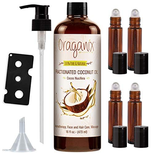 Oraganix Fractionated Coconut Oil with Essential Oil Roller Bottles – Carrier Oil for Essential Oils & Massage Oil with Hair & Skin Care Benefits – Includes 16oz Coconut Oil, 4 Roller Bottles & More