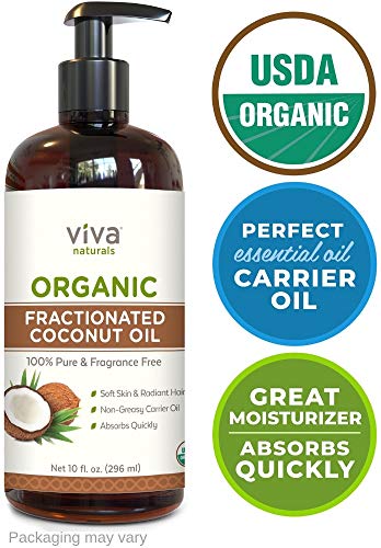 Viva Naturals Organic Fractionated Coconut Oil – 100% Pure USDA Certified, Perfect for Skin Moisturizing and Shaving, Hair Nourishment, Carrier and Massage Oils, DIYs and More(10 oz)