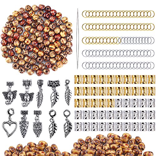 OPount 310 Pieces Dreadlocks Beads DIY Hair Braid Accessories with Natural Painted Wood Beads, Braid Rings Hair Hoops, Dreadlocks Beads and Hair Clips for Hair Decoration