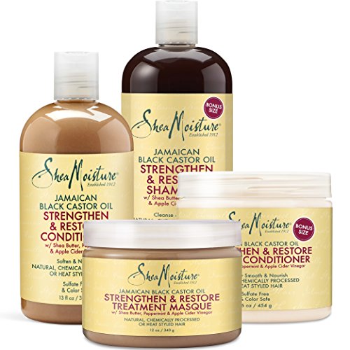 Shea Moisture Strengthen Grow & Restore Combo Bundle, Includes – 16.3 Ounce Jamaican Black Castor Oil Shampoo | 16 Ounce Leave-In Conditioner | 13 Ounce Conditioner | 12 Ounce Treatment Masque