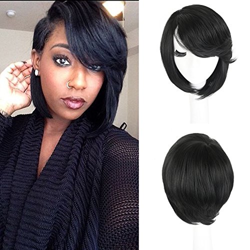 SCENTW Short Cut Bob Synthetic Wigs for Women Heat Resistant Costume African American Wigs with Side Bangs Natural Black Full Wigs Look Real (8764 BLACK)