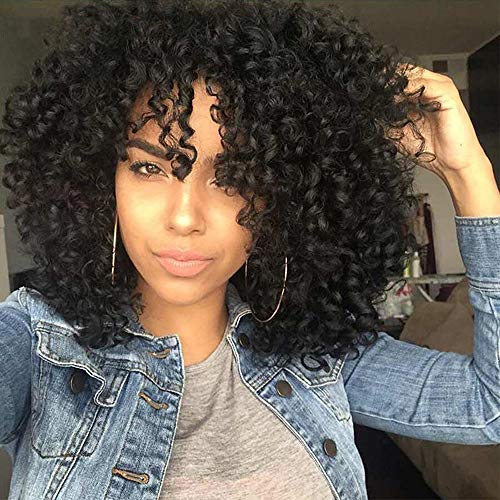 AISI HAIR Curly Afro Wig with Bangs Shoulder Length Wig Curly Black Wig Afro Kinkys Curly Hair Wig Synthetic Heat Resistant Wigs Curly Full Wigs for Black Women(Black) …